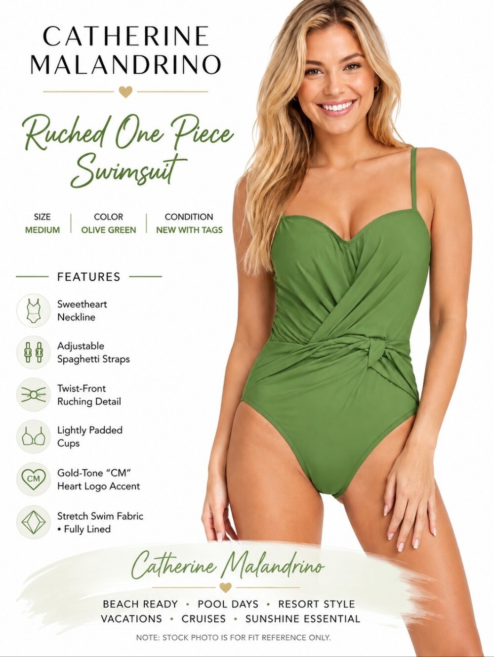Catherine Malandrino Olive Green Ruched One Piece Swimsuit NWT Medium